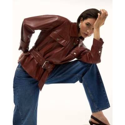 Red Faux Leather Belted Jacket