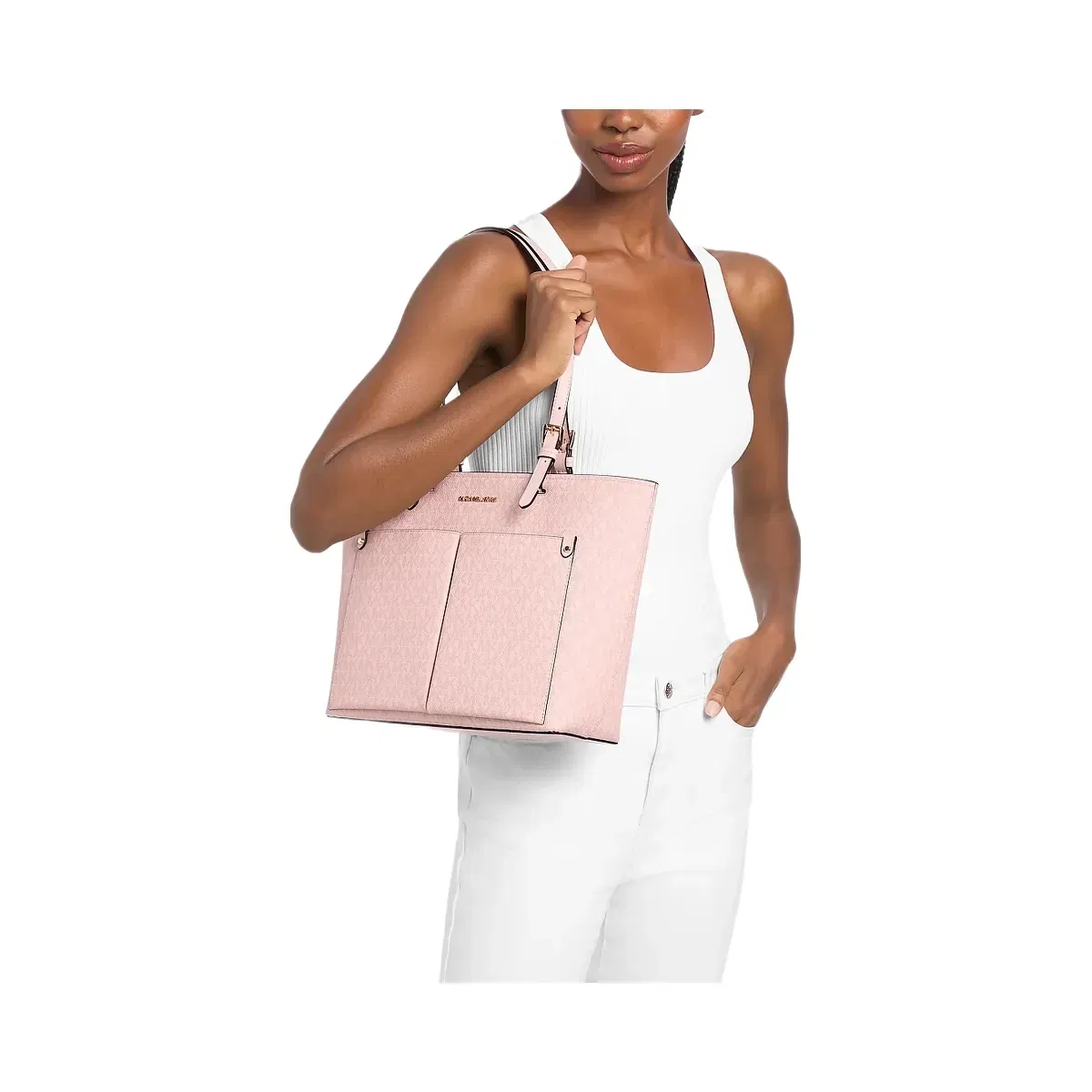 Michael Kors Jet Set Medium Signature Logo Pocket Tote Bag Powder Blush