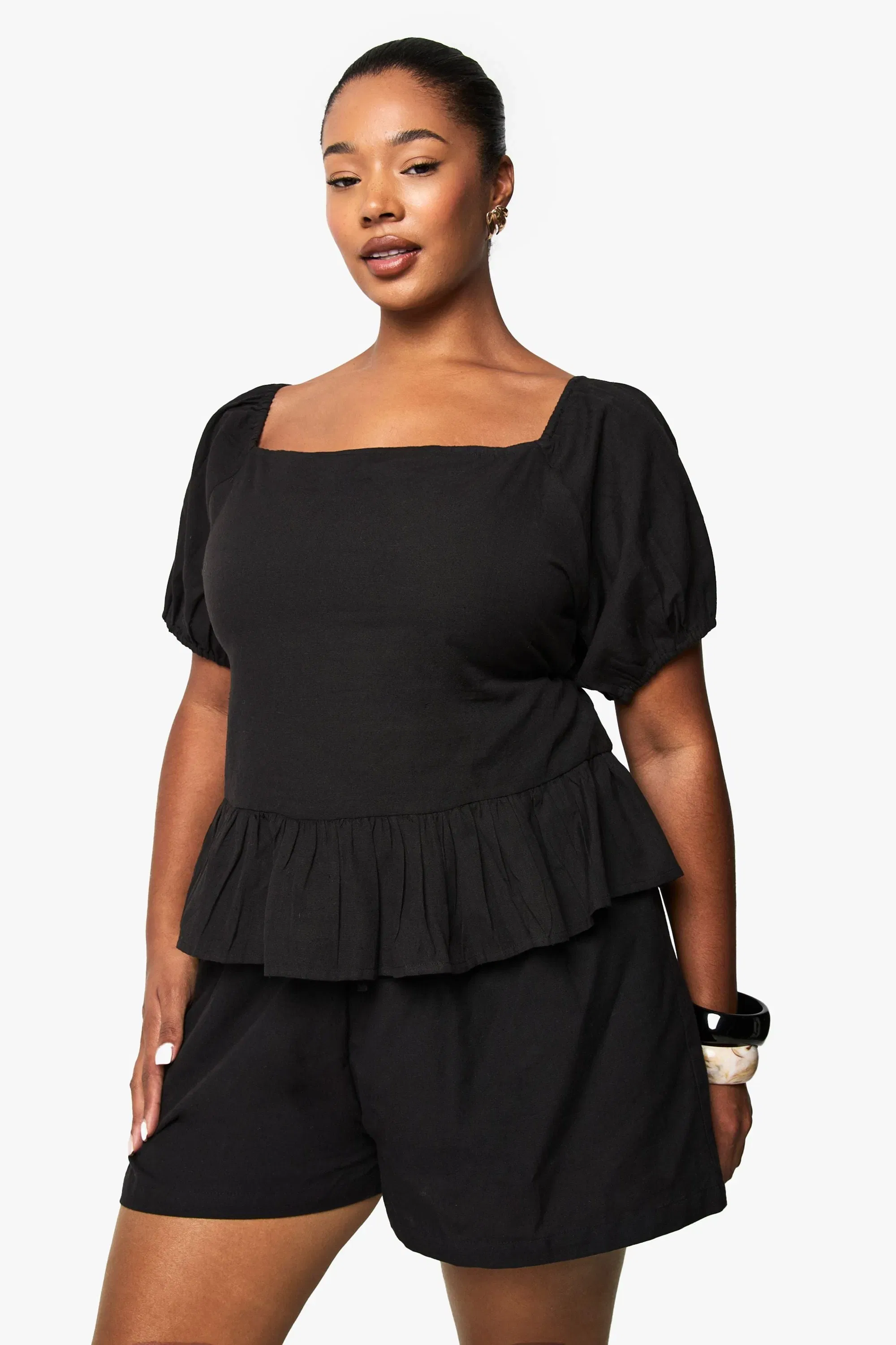 Plus Linen Puff Sleeve Smock Top