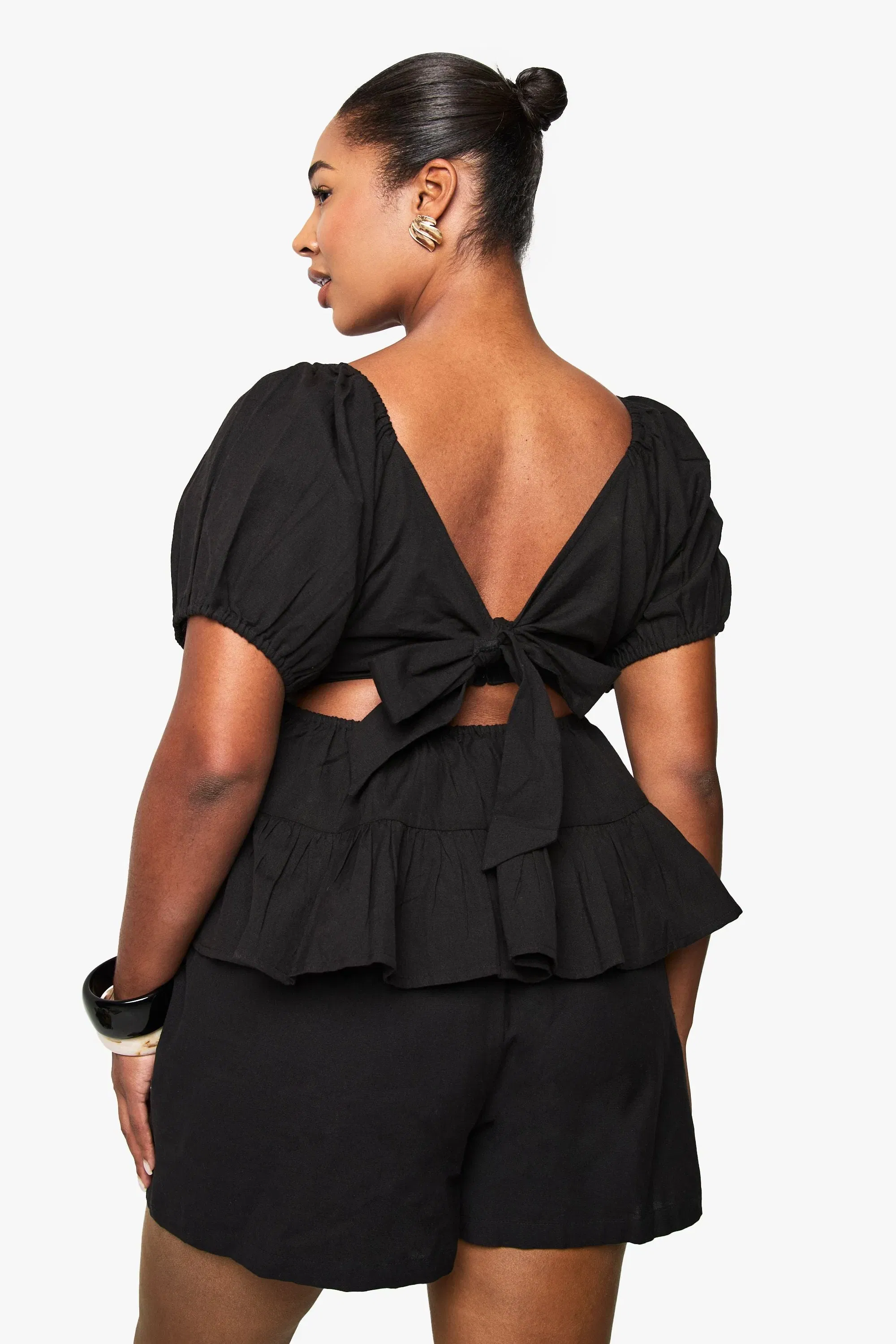 Plus Linen Puff Sleeve Smock Top