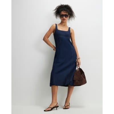 Blue Denim Bubble Hem Midi Dress