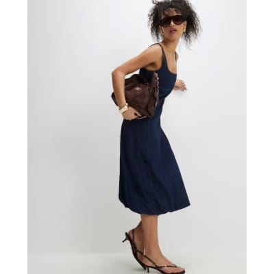 Blue Denim Bubble Hem Midi Dress