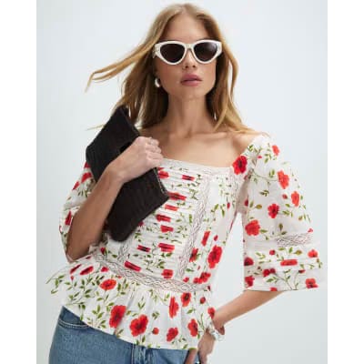 White Poppy Print Blouse