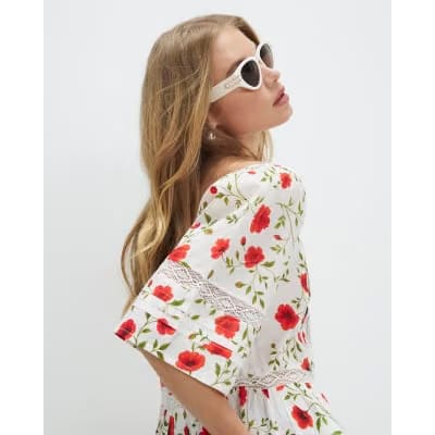 White Poppy Print Blouse