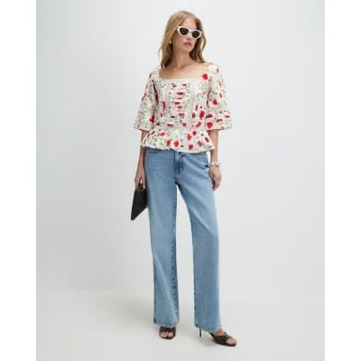 White Poppy Print Blouse