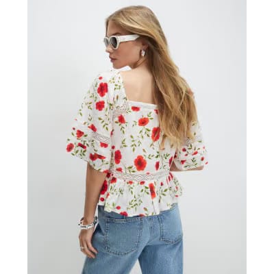 White Poppy Print Blouse