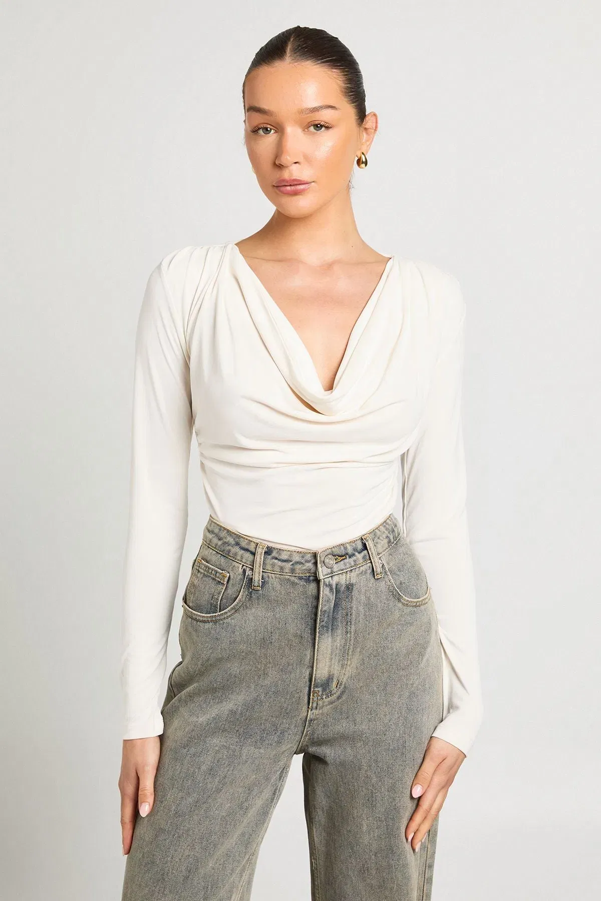 Cupro Cowl Neck Long Sleeve Crop Top