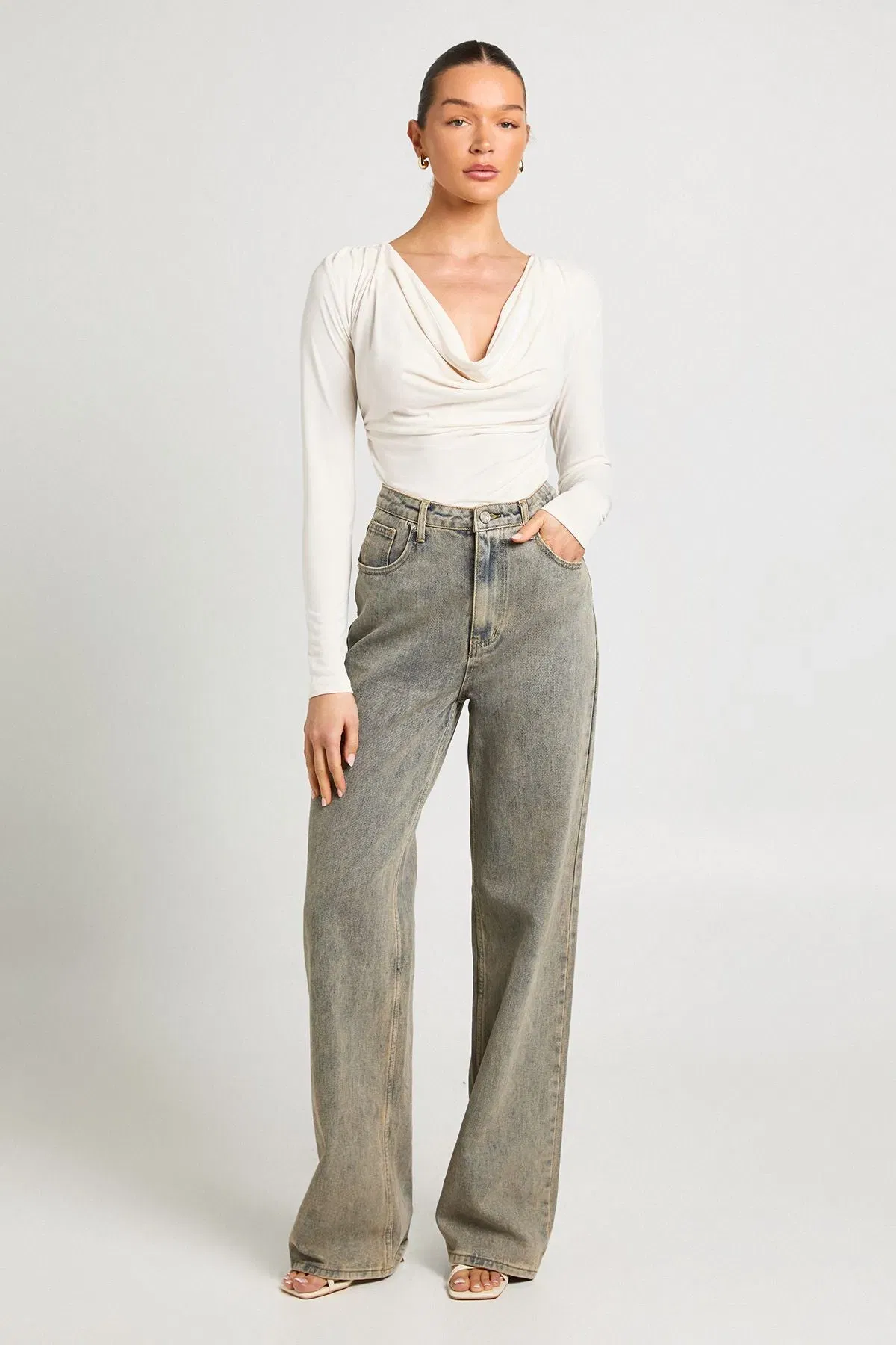 Cupro Cowl Neck Long Sleeve Crop Top