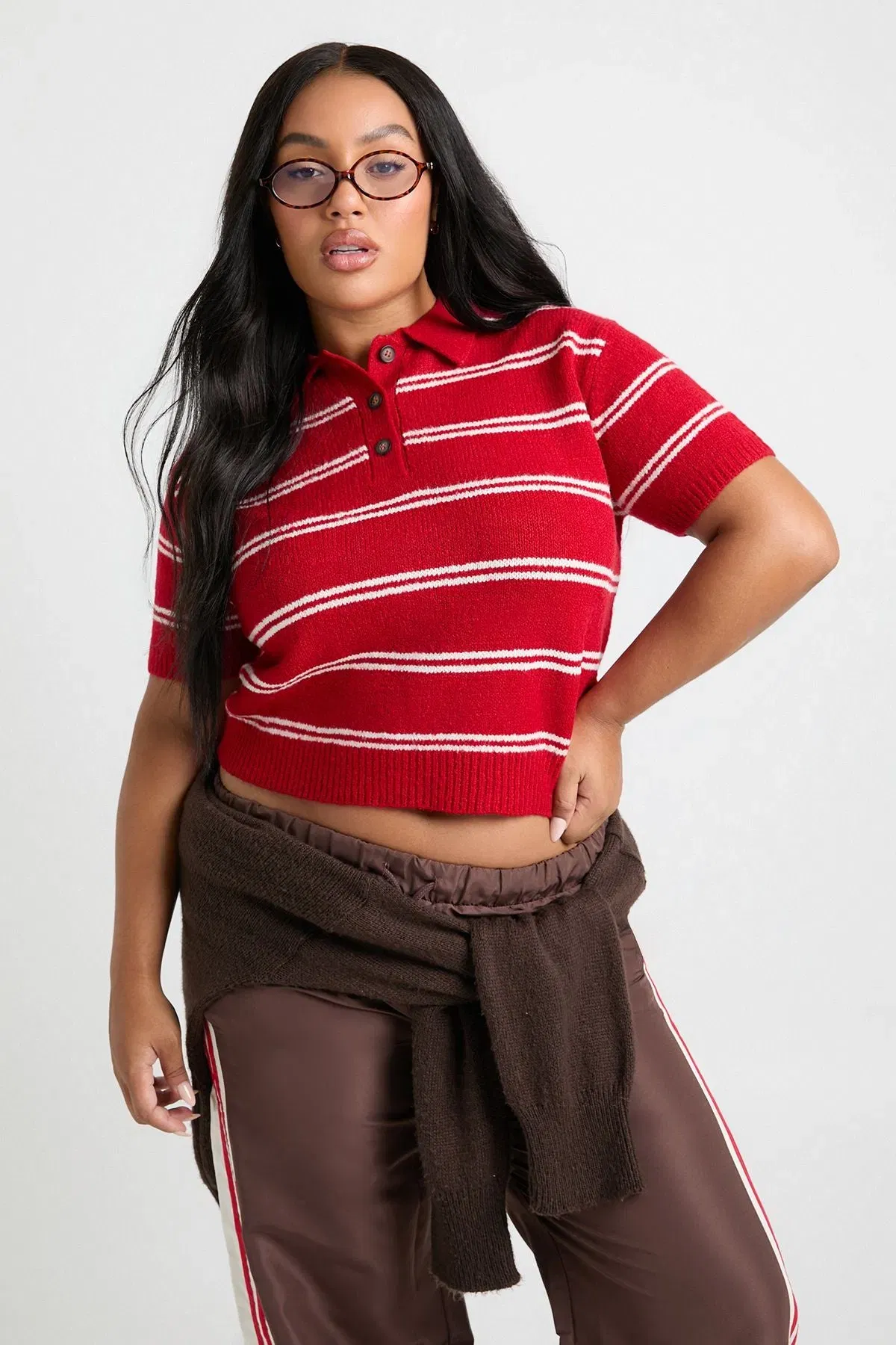 Plus Collar Detail Stripe Knit Top