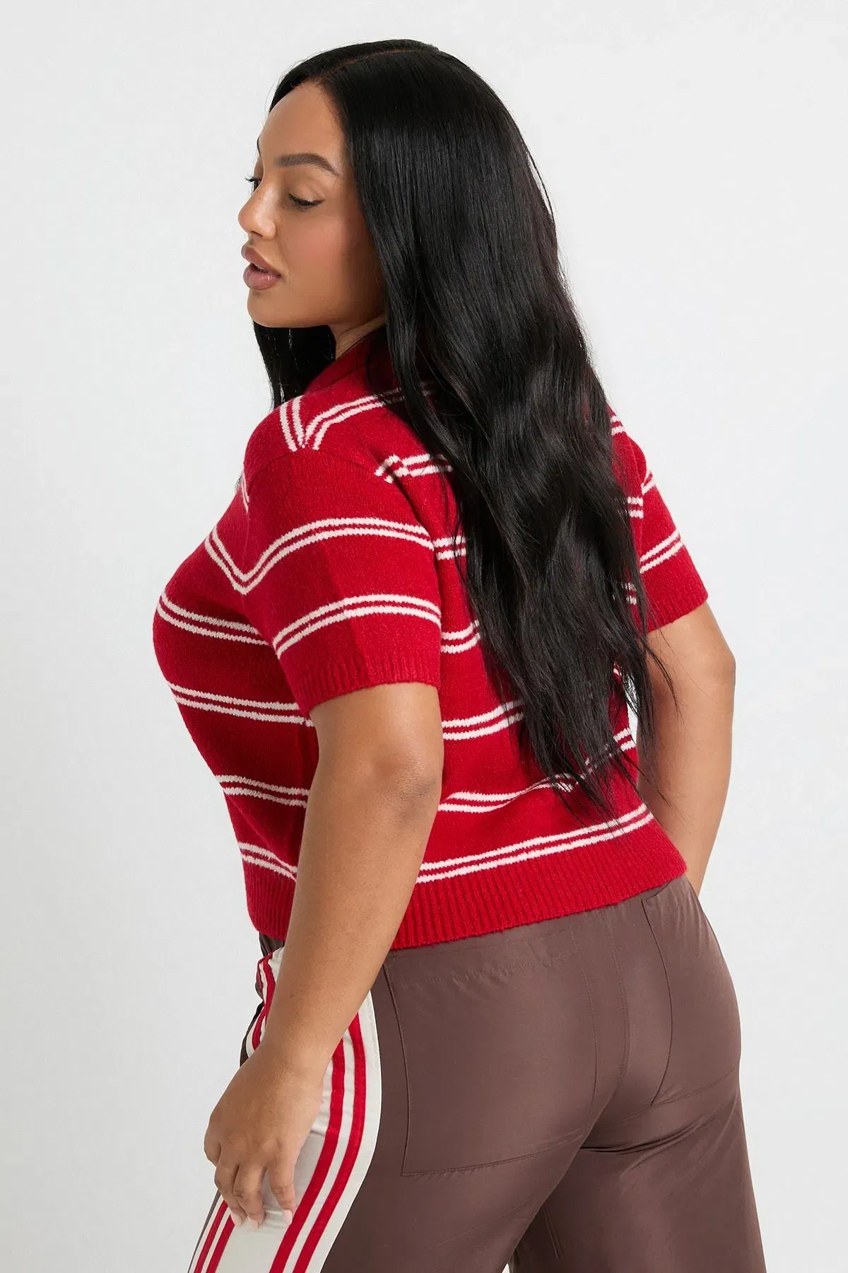 Plus Collar Detail Stripe Knit Top