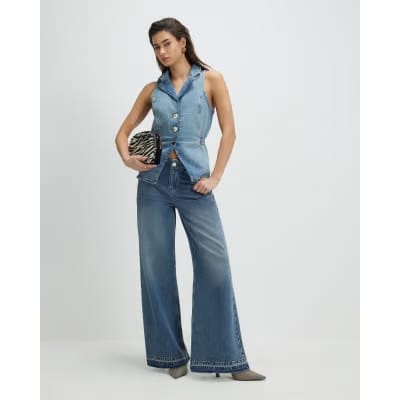 Blue Denim Elasticated Sleeveless Waistcoat