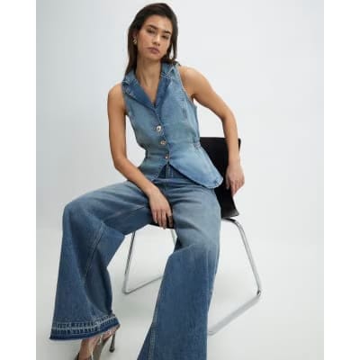 Blue Denim Elasticated Sleeveless Waistcoat