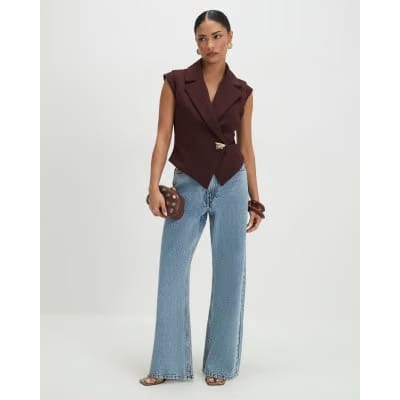 Petite Brown Cap Sleeve Twill Waistcoat