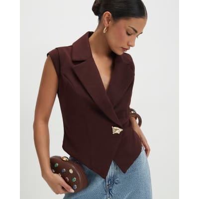 Petite Brown Cap Sleeve Twill Waistcoat