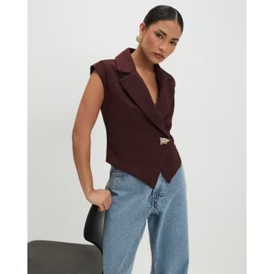 Petite Brown Cap Sleeve Twill Waistcoat