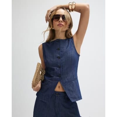 Blue Premium Linen Blend Denim Waistcoat