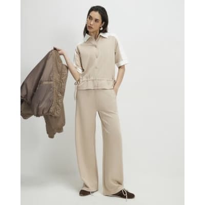 Beige Colour Blocked Wide Leg Trousers