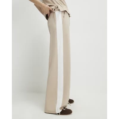 Beige Colour Blocked Wide Leg Trousers