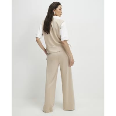 Beige Colour Blocked Wide Leg Trousers