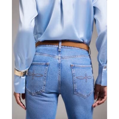 Blue Belted Stretch Straight Leg Jeans