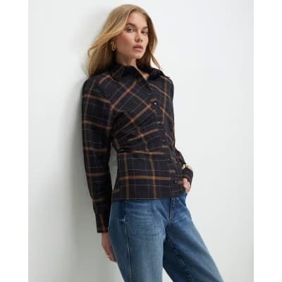 Black Check Shoulder Pad Shirt