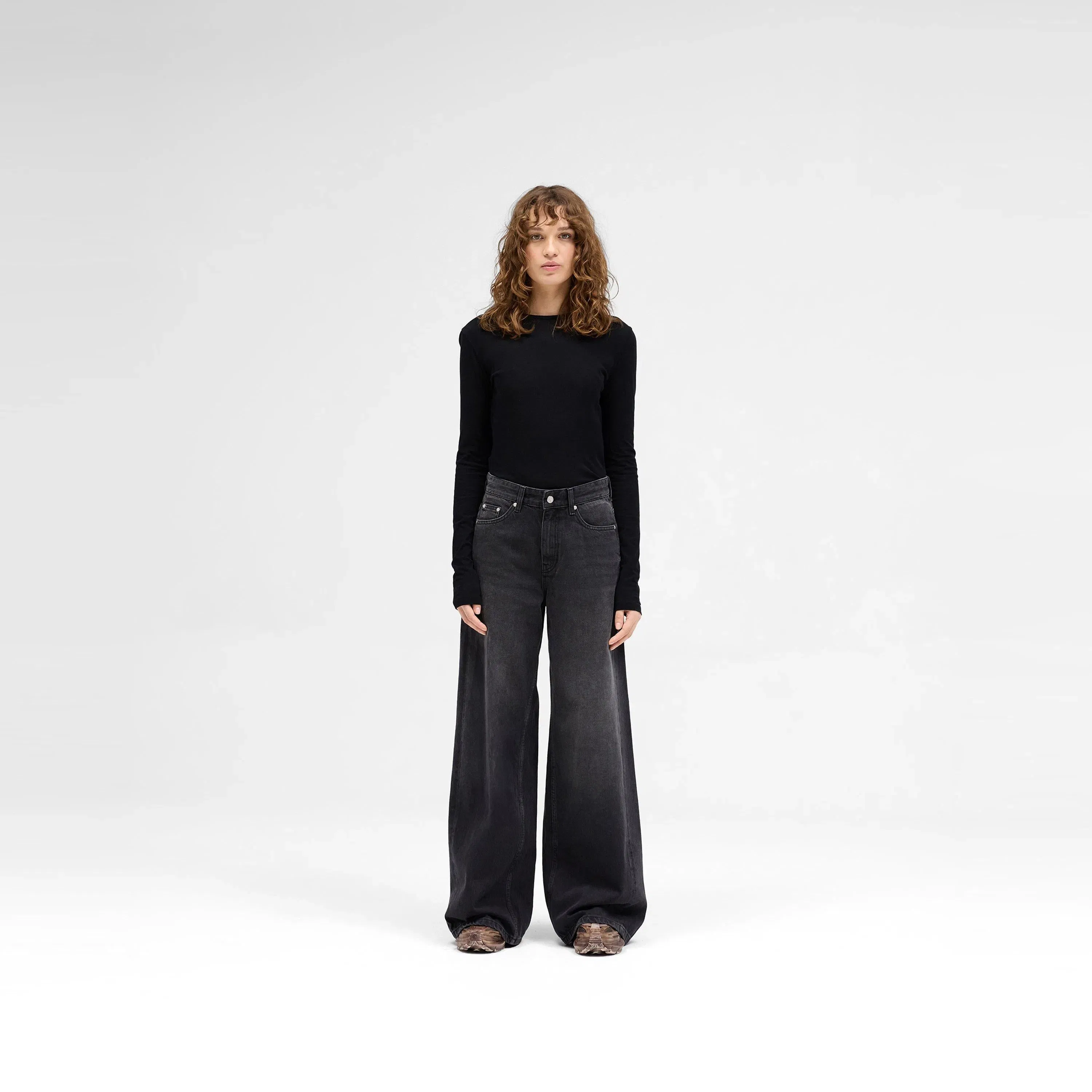 High Waisted Stone Washed Cotton Wide Leg Jeans
