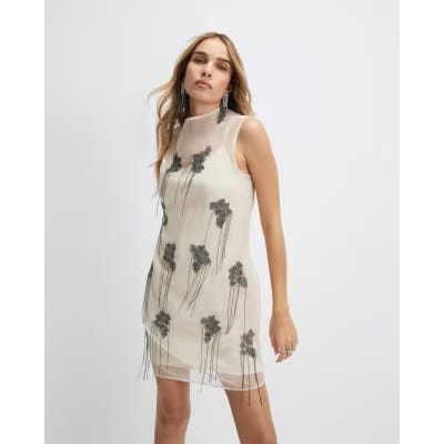 Cream Mesh Embellished Mini Dress