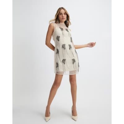 Cream Mesh Embellished Mini Dress