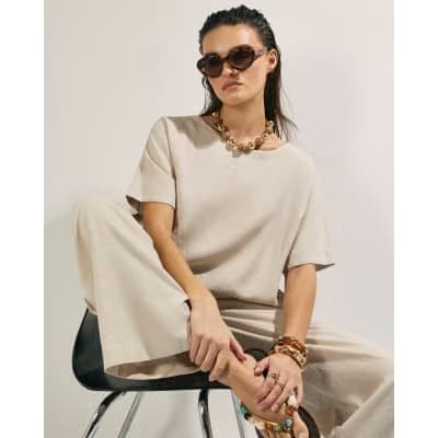 Beige Linen Blend Short Sleeve T-Shirt