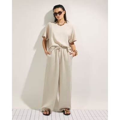 Beige Linen Blend Short Sleeve T-Shirt