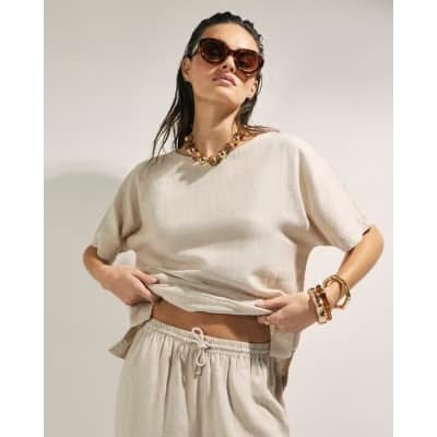 Beige Linen Blend Short Sleeve T-Shirt