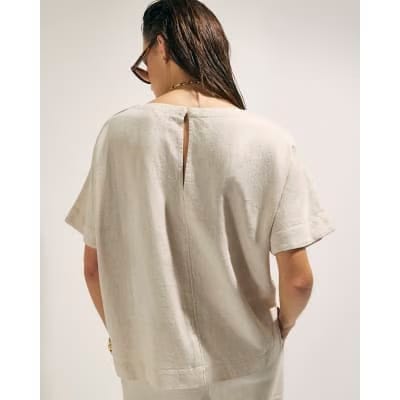 Beige Linen Blend Short Sleeve T-Shirt