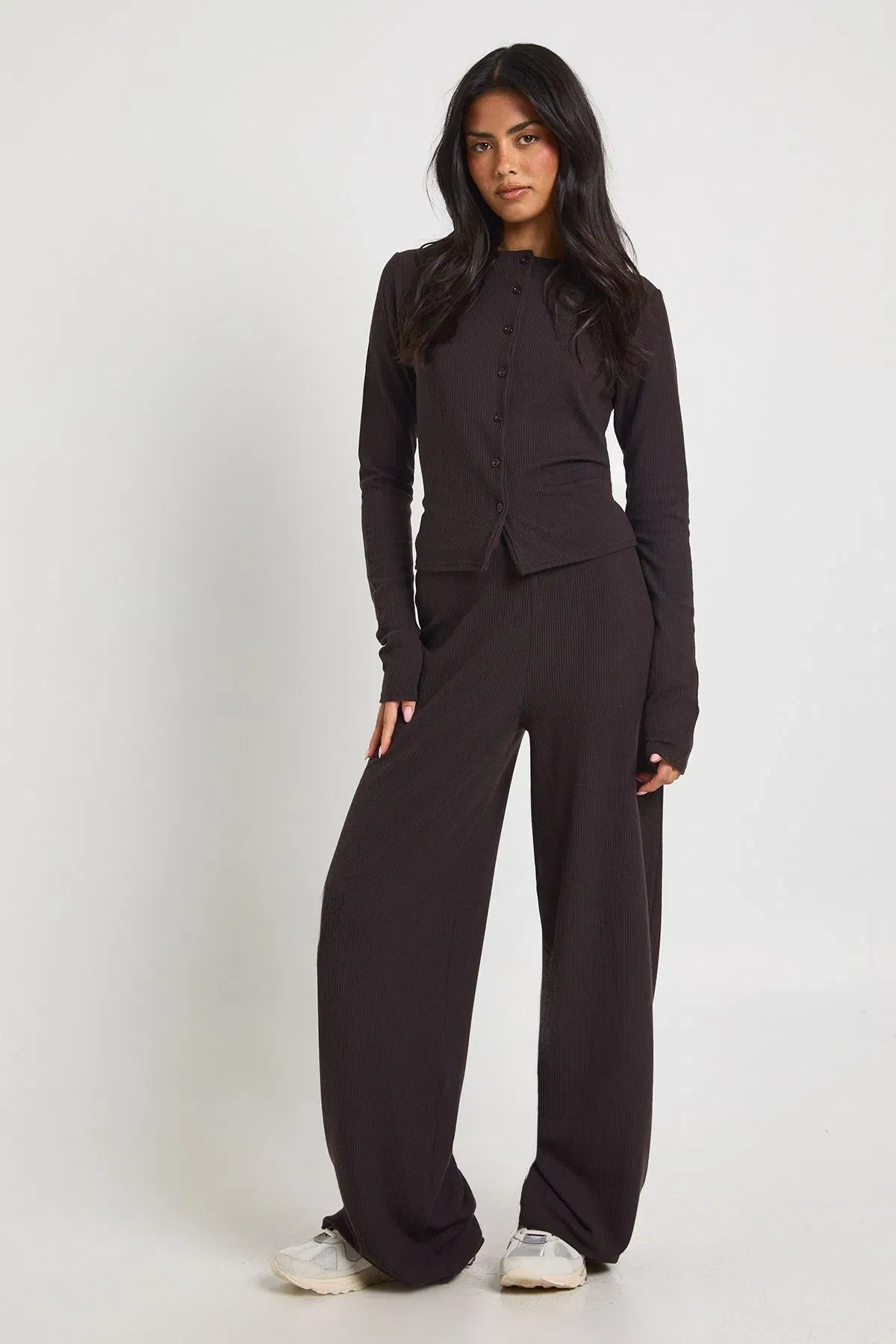 Tall Rib Button Through Long Sleeve Top and Wide Leg Trouser Co-ord