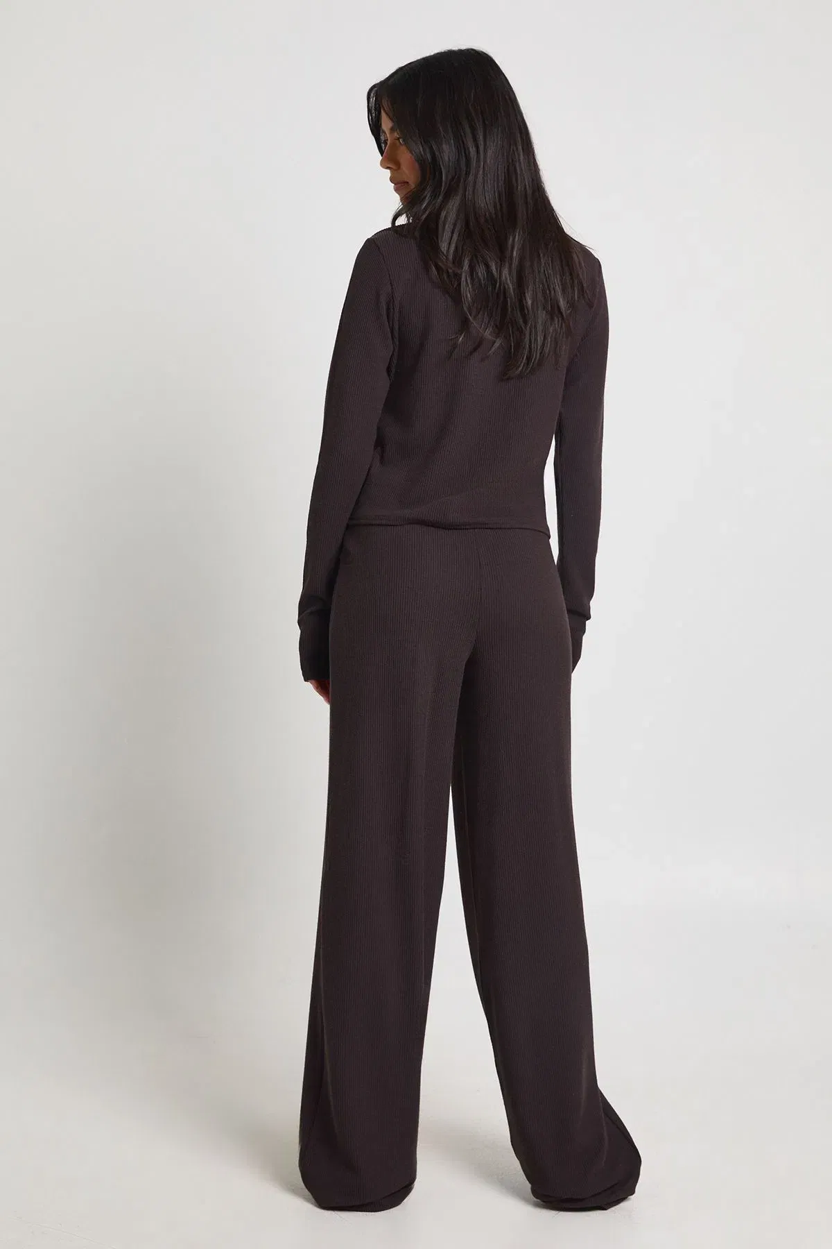 Tall Rib Button Through Long Sleeve Top and Wide Leg Trouser Co-ord