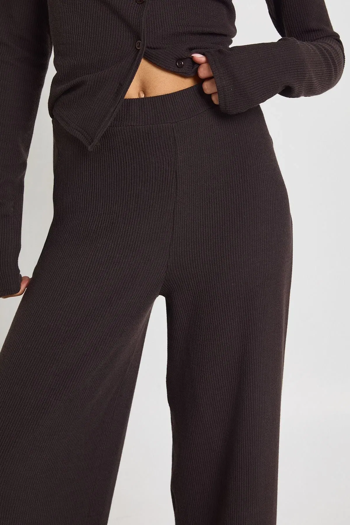 Tall Rib Button Through Long Sleeve Top and Wide Leg Trouser Co-ord