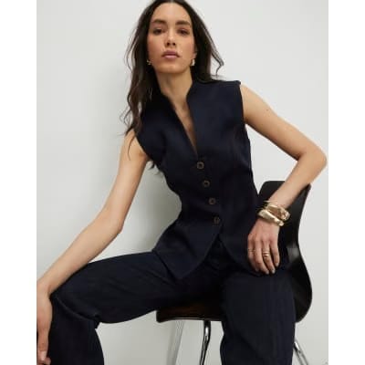 Blue High Neck Denim Waistcoat