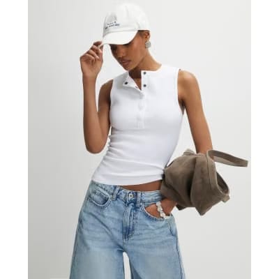 White Sleeveless Ribbed Popper Top
