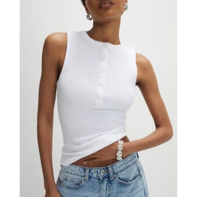 White Sleeveless Ribbed Popper Top