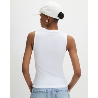 White Sleeveless Ribbed Popper Top