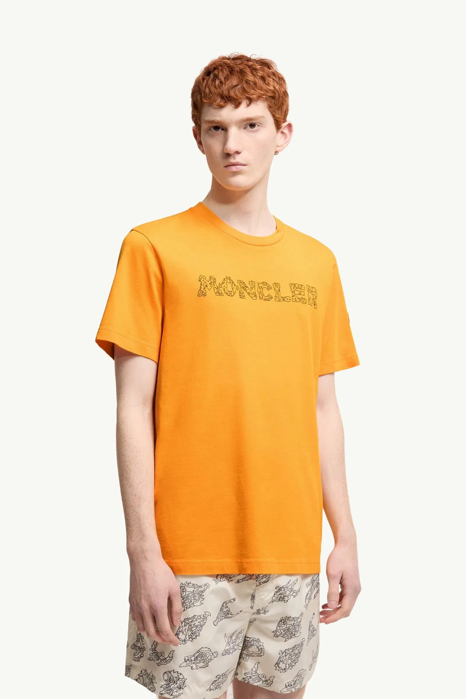 Moncler Space Embroidered Logo Cotton T-Shirt Yellow Yellow