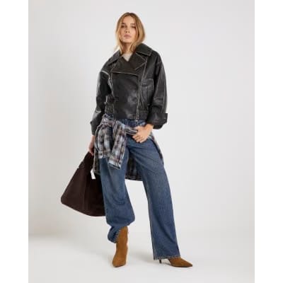 Black Faux Leather Double Breasted Jacket