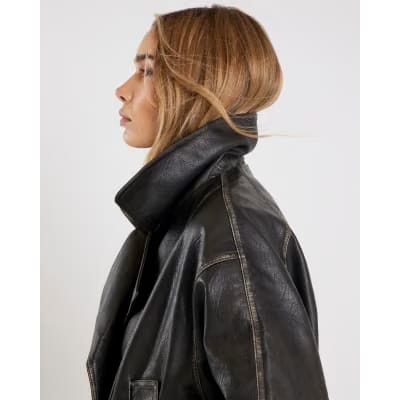 Black Faux Leather Double Breasted Jacket