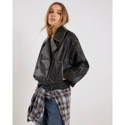 Black Faux Leather Double Breasted Jacket