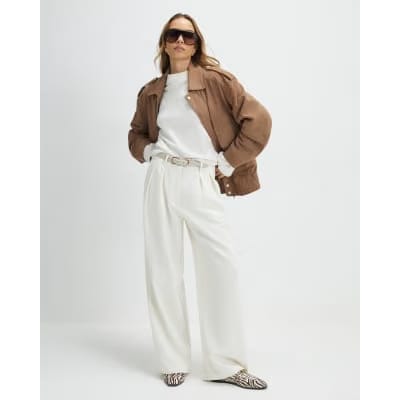 Cream Belted Wide Leg Trousers