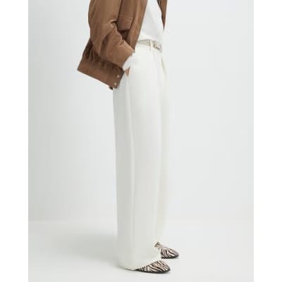 Cream Belted Wide Leg Trousers