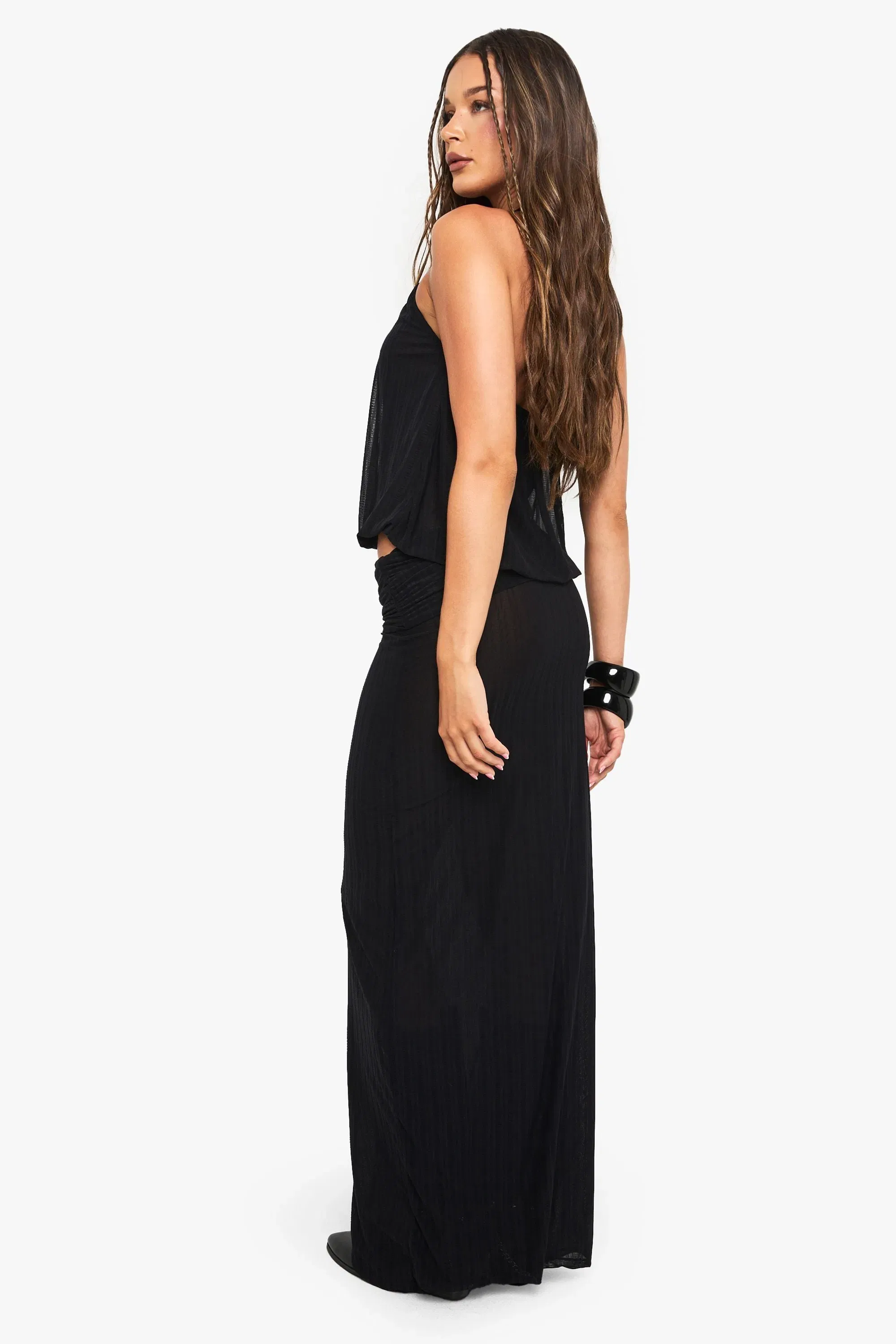 Textured Shirred Foldover Waist Maxi Skirt