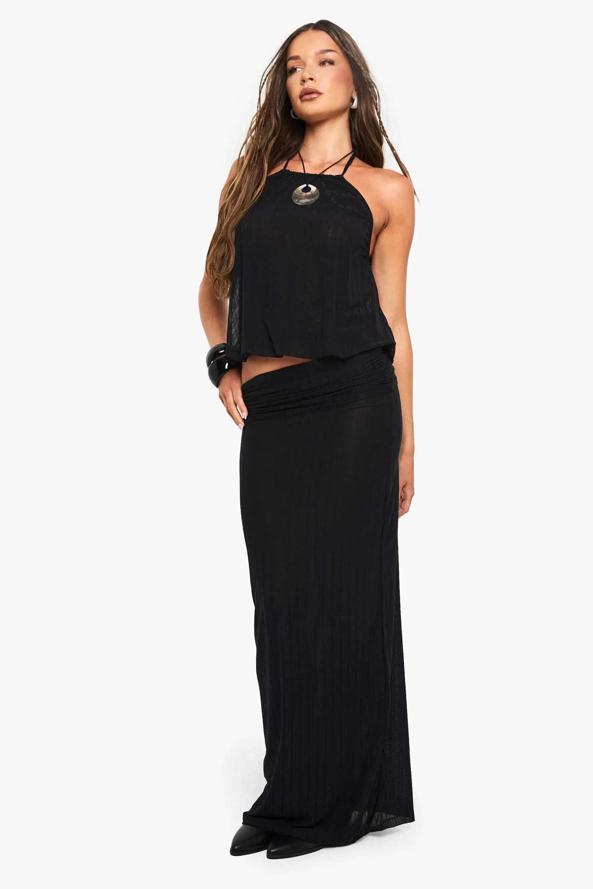 Textured Shirred Foldover Waist Maxi Skirt
