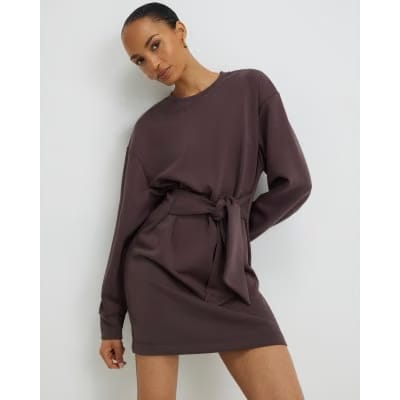Brown Premium Tie Front Mini Sweatshirt Dress
