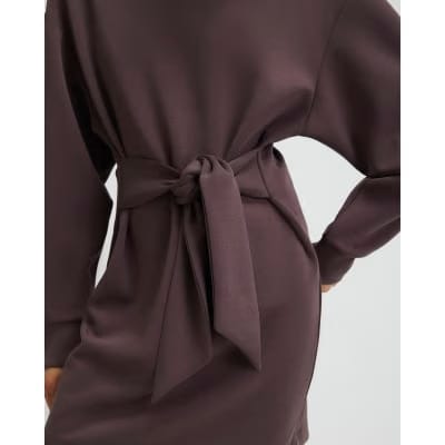 Brown Premium Tie Front Mini Sweatshirt Dress