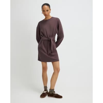 Brown Premium Tie Front Mini Sweatshirt Dress